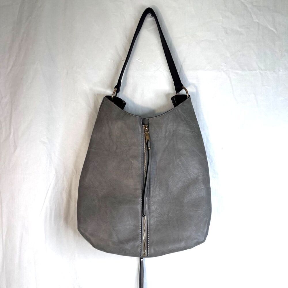 Hobo Shoulder Bag Cosmetic Zipper‎ Split Front Slouchy Extra Accent Straps Gray